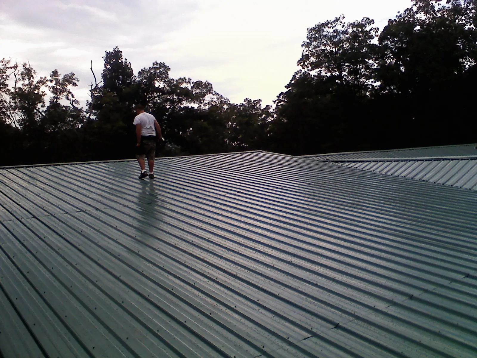 Roofer walking a wide expanse of new green metal roofing in Erie